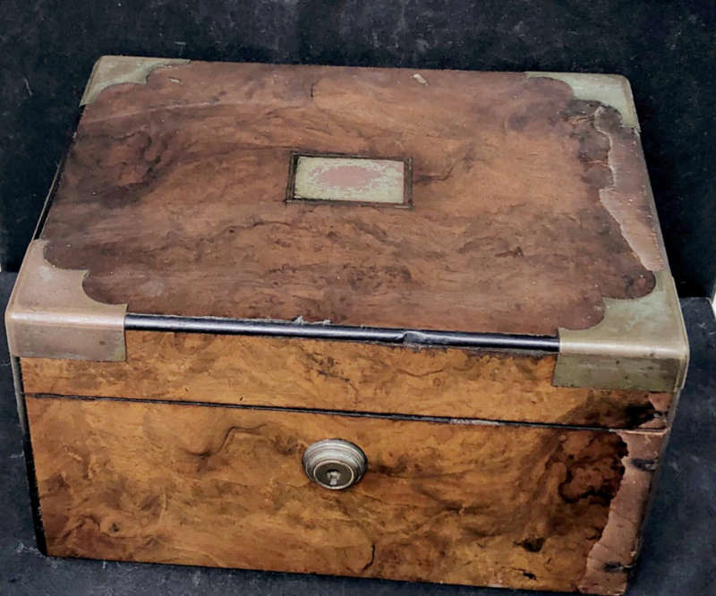 JEWELLERY OR VALUABLES WALNUT BOX ANTIQUE WITH TYPICAL BRASS & ROYAL BLUE LINING OF THE PERIOD