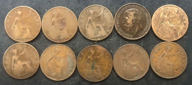 PENNY BRITISH 1913, 1916, 1917 x 2, 1918, 1919, 1920, 1921 x 2 & 1928 GEORGE V COLLECTION OF TEN
