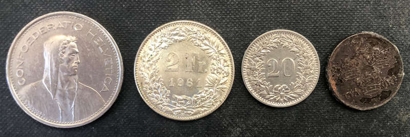 SWITZERLAND 1924 1947 1961 1979 5 Franc 2 Franc 20 Rappen 2 Ore 4 Coins