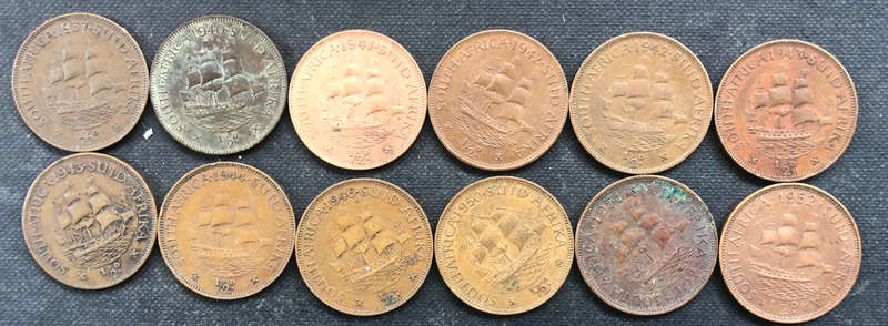 HALF PENNY 1937, 1940-1944, 1946, 1950-1952 UNION OF SOUTH AFRICA COLLECTION OF 12