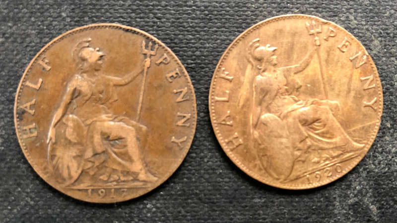 HALF PENNY 1917 AND 1920 BRITAIN COLLECTION OF TWO COINS