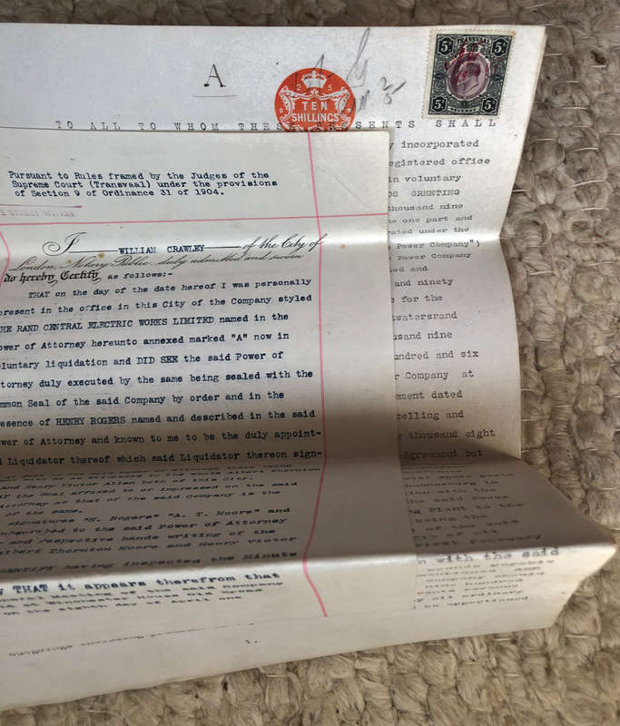 STAMP TRANSVAAL REVENUE 5/- 1907, VERMILION EMBOSSED 10/- BRITISH STAMP ON LIQUIDATION DOCUMENT