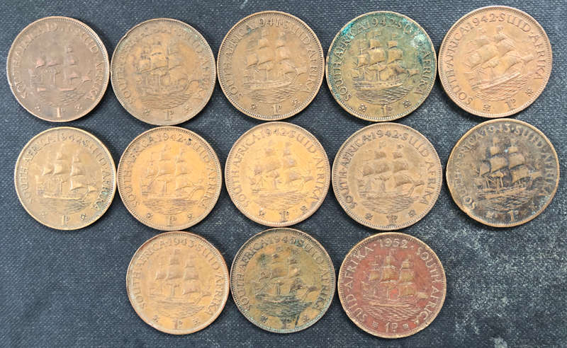 Penny 1941 x 3 1942 x 6 1943 x 2 1945 1952 UNION SOUTH AFRICA COLLECTION OF 13 COINS