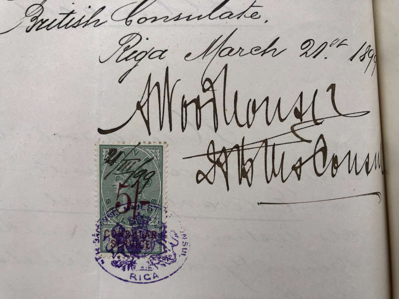 STAMPS (5 IN ALL) ON 1899 DOCUMENT GENERAL WILHELM BARON VON NOLCKEN PAIR 5/- OVERPRINT.............
