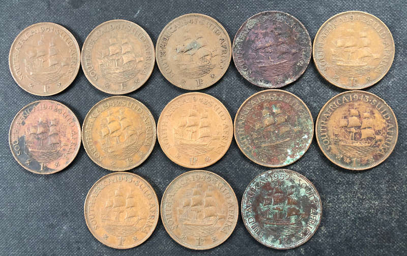 Penny 1941 x 3 1942 x 6 1943 x 2 1945 1952 UNION SOUTH AFRICA COLLECTION OF 13 COINS