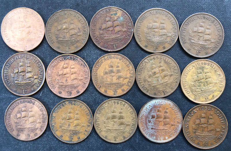 PENNY 1937 - 1946, 1948 - 1952 COLLECTION OF 15 UNION OF SOUTH AFRICA COINS