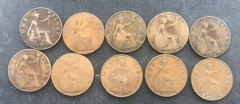PENNY BRITISH 1912, 1914, 1916, 1917, 2 x 1918, 1919, 1920, 1927 & 1936 GEORGE V COLLECTION OF TEN