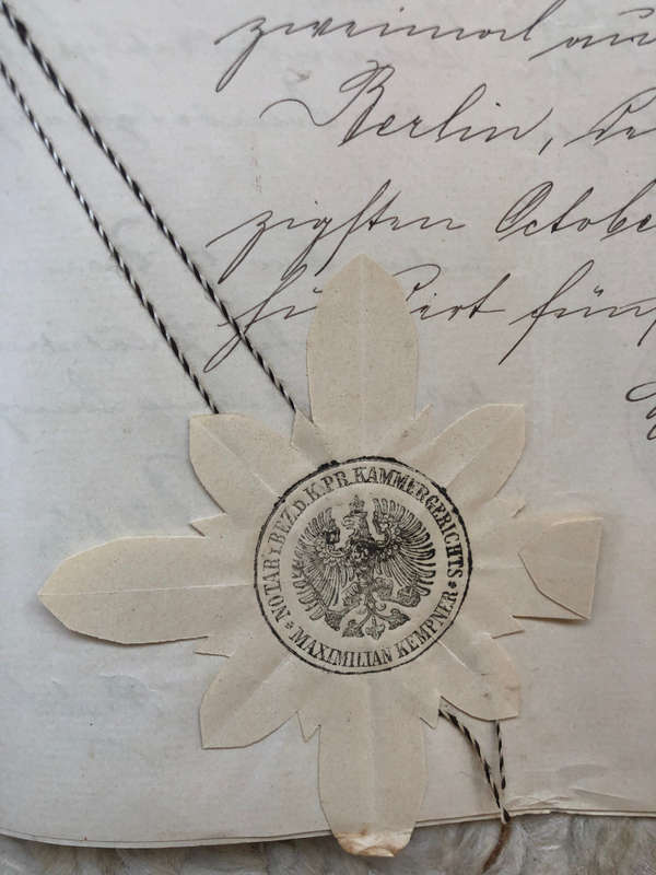 STAMPS 1895 PREUSSEN 1.5M STEMPELMARKE x 2 AND VARIOUS SEALS AND STAMPS ON HANDWRITTEN DOCUMENT