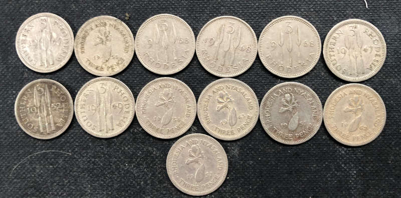 SOUTHERN RHODESIA 3 PENCE, 2 x 1947, 1 x 1949, 1 x 1952, RHODESIA 3 x 1968, RHODESIA & NYASALAND x 6