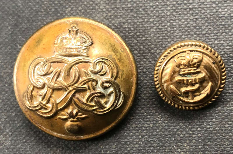 MILITARY BRASS BUTTONS x 2 THE LARGER WITH KINGS CROWN AND THE NAVY ONE WITH QUEENS CROWN