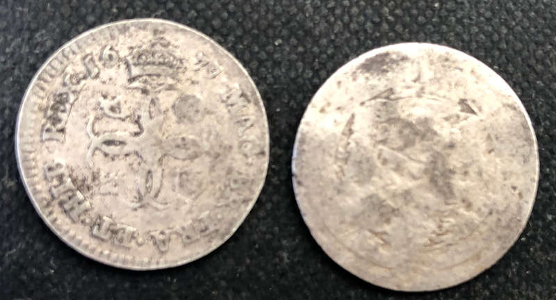 SILVER COIN 1683 SIXPENCE CHARLES II UK AND A GEORGE lll SIXPENCE COLLECTION OF TWO COINS