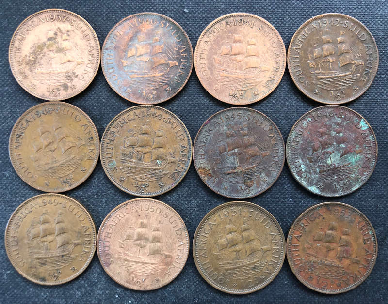 HALF PENNY 1937, 1940-1946, 1949, 1950-1952 UNION OF SOUTH AFRICA COLLECTION OF 12