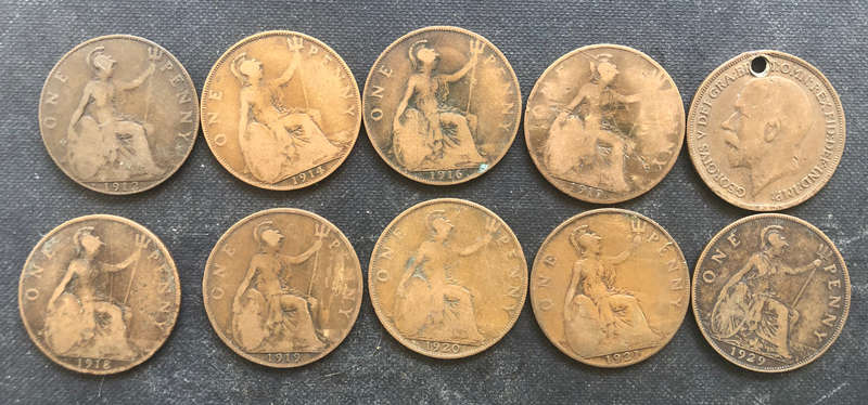 PENNY BRITISH 1912, 1914, 1916, 1917 x 2, 1918, 1919, 1920, 1921 & 1929 GEORGE V COLLECTION OF TEN