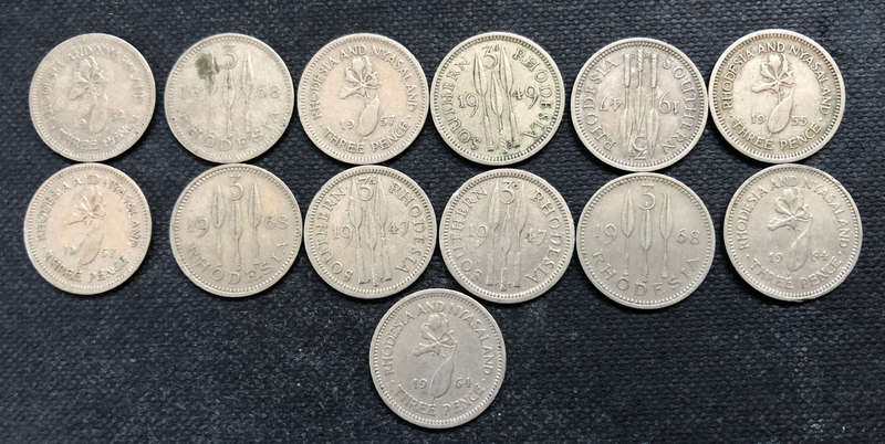 SOUTHERN RHODESIA 3 PENCE, 3 x 1947, 1 x 1949, RHODESIA 3 x 1968, RHODESIA & NYASALAND x 6