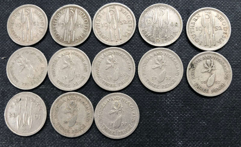 SOUTHERN RHODESIA 3 PENCE, 3 x 1951, 1 x 1952, RHODESIA 3 PENCE, 2 x 1968 & RHODESIA & NYASALAND x 7