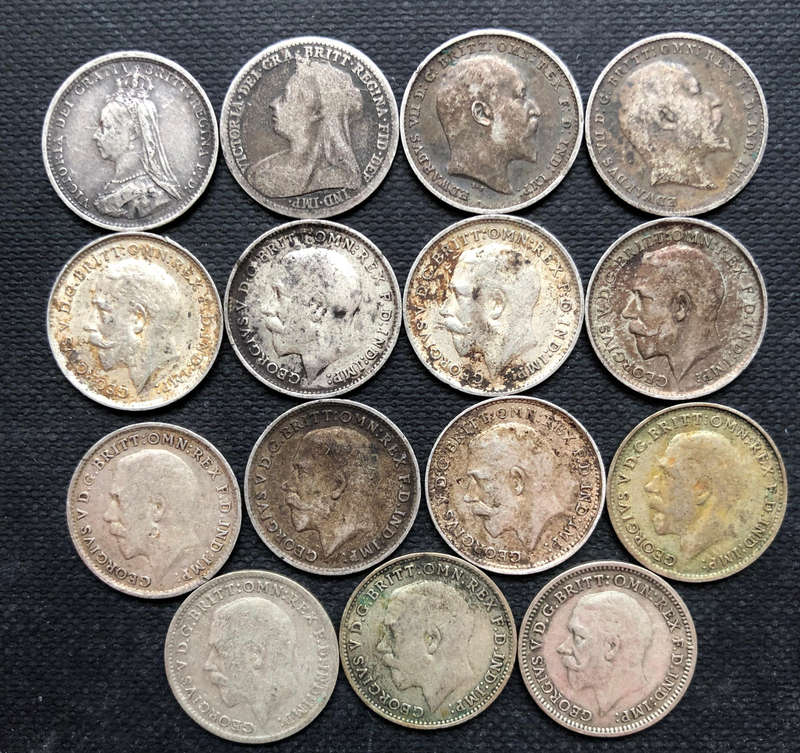 Silver UK Threepence 1889 1897 1902 1906 1911 1912 1913 1914 1917 1920 1921 1922 1931 15 Coins Total