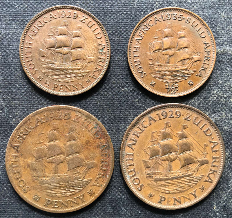 PENNY 1926 1929 HALF PENNY 1929 1935 UNION OF SOUTH AFRICA COLLECTION OF 4 COINS