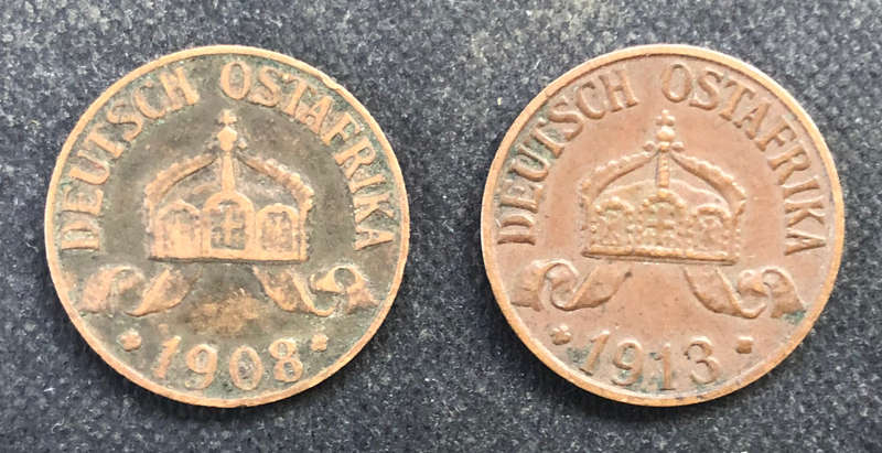 GERMAN EAST AFRICA 1913 A 1908 J ONE HELLER COLLECTION OF TWO COINS