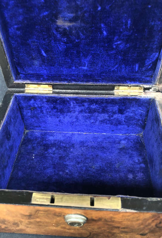 JEWELLERY OR VALUABLES WALNUT BOX ANTIQUE WITH TYPICAL BRASS & ROYAL BLUE LINING OF THE PERIOD