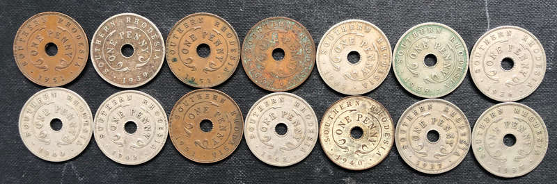 COLLECTION OF 14 SOUTHERN RHODESIAN PENNIES DATING FROM 1935 TO 1951