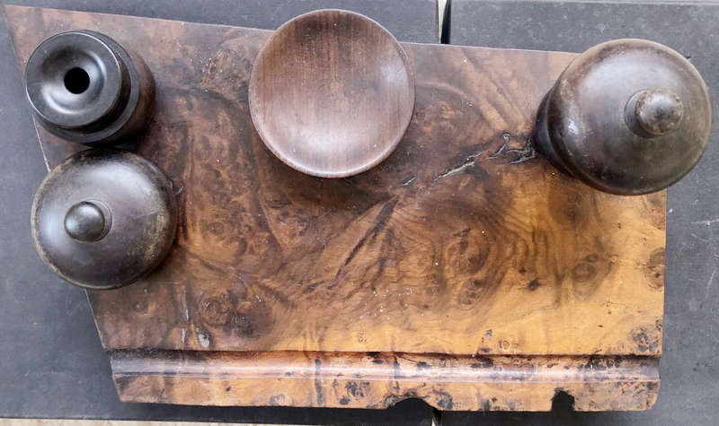 INKWELL AND QUILL ANTIQUE BURL WALNUT DESK SET WITH SAND HOLDER