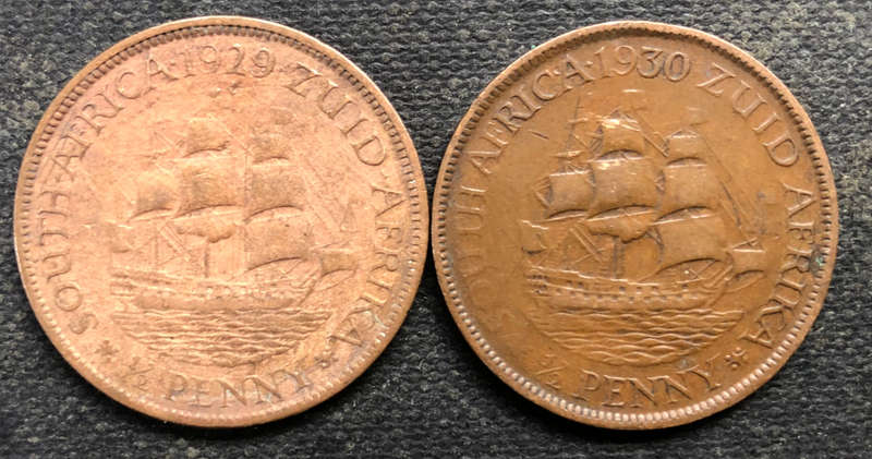 HALF PENNY 1929 1930 TWO UNION OF SOUTH AFRICA COINS