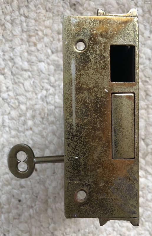 DOOR LOCK WITH ORIGINAL KEY ANTIQUE LARGE HEAVY CAST IRON