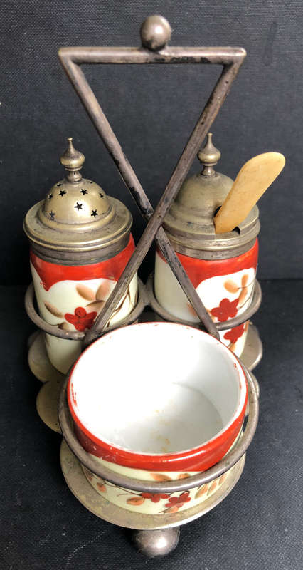 CRUET SET PORCELAIN ON SILVER PLATED STAND THREE PIECE