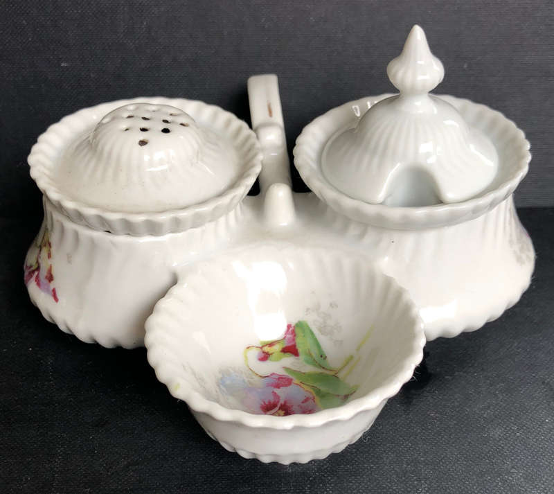 CRUET SET THREE PIECE PORCELAIN