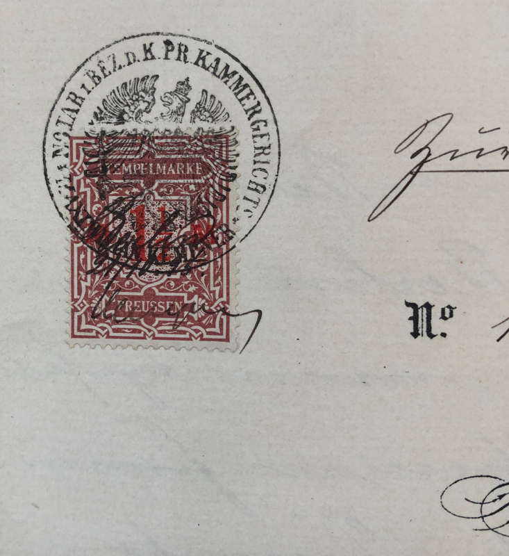 STAMPS 1895 PREUSSEN 1.5M STEMPELMARKE x 2 AND VARIOUS SEALS AND STAMPS ON HANDWRITTEN DOCUMENT