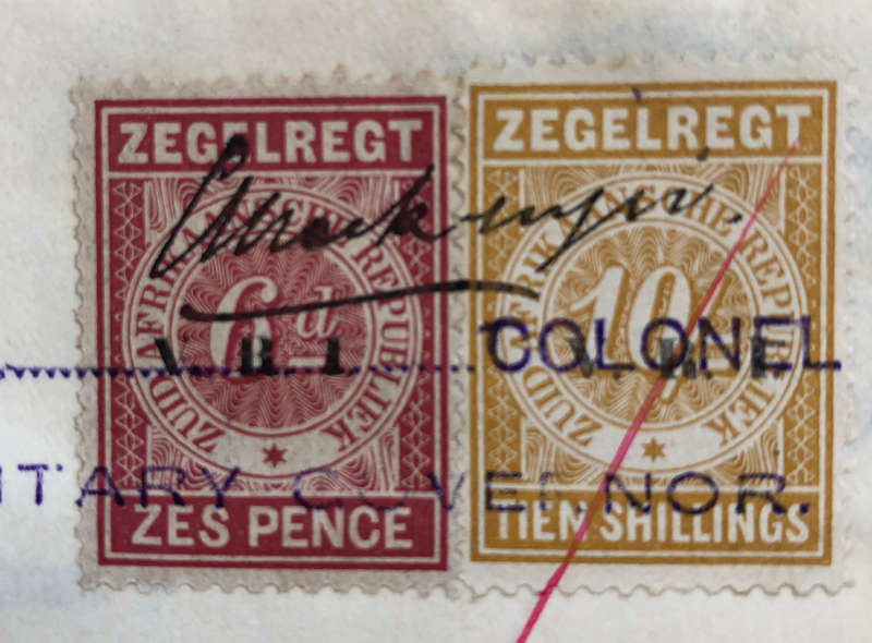 STAMPS FIVE 1900 ZUID AFRIKAANSCHE REPUBLIEK ZEGELREGT WITH VRI OVERPRINT ON GOLD MINING DOCUMENT