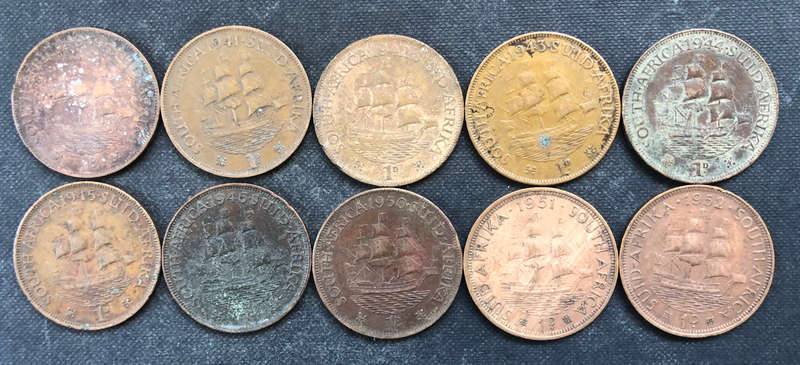 PENNY 1939, 1941 - 1946, 1950 - 1952 COLLECTION OF 10 UNION OF SOUTH AFRICA COINS