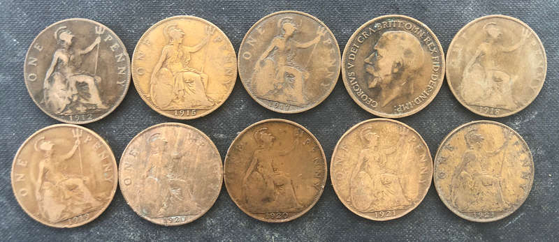 PENNY BRITISH 1912, 1915, 1917 x 2 , 1918, 1919, 1920 x 2, & 1921 x 2  GEORGE V COLLECTION OF TEN