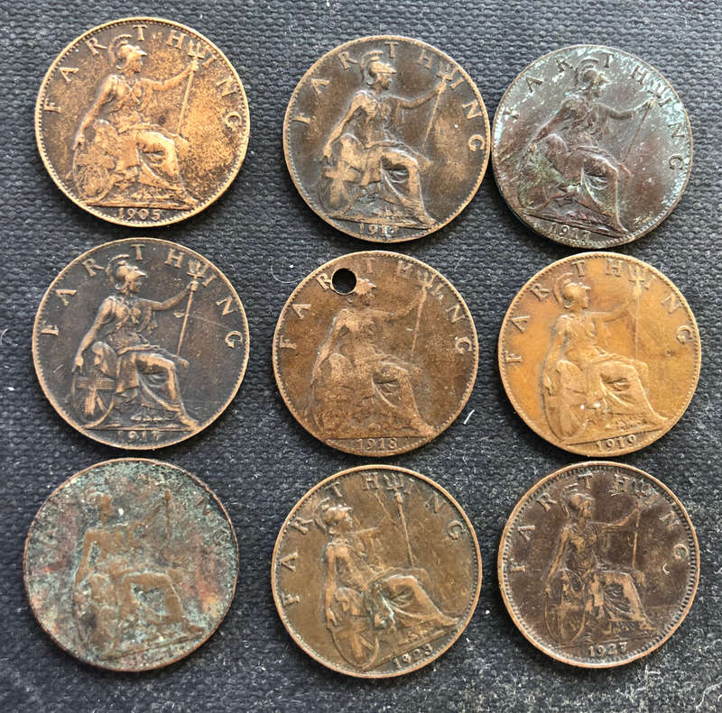 FARTHING 1905 1917 x 3 1918 1919 1921 1923 1927 UK COLLECTION OF 9 COINS
