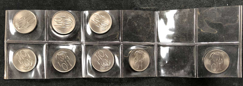 TEN CENTS SOUTH AFRICA 1965 1966 1970 1972 ENGLISH AND AFRIKAANS VERSIONS IN COLLECTORS HOLDER