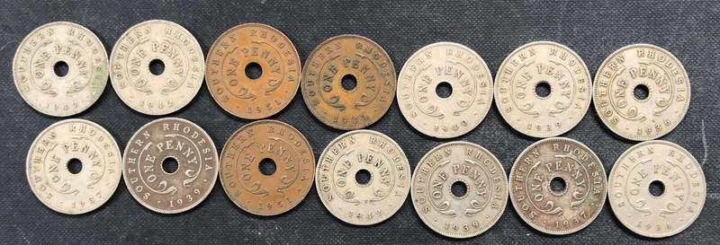 COLLECTION OF 14 SOUTHERN RHODESIAN PENNIES DATING FROM 1934 TO 1951