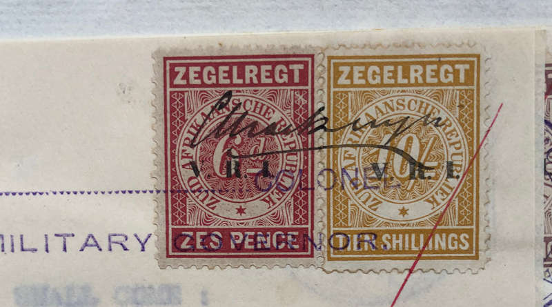 STAMPS FIVE 1900 ZUID AFRIKAANSCHE REPUBLIEK ZEGELREGT WITH VRI OVERPRINT ON GOLD MINING DOCUMENT