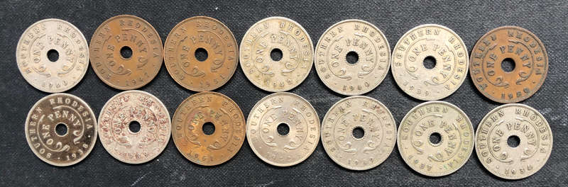 COLLECTION OF 14 SOUTHERN RHODESIAN PENNIES DATING FROM 1934 TO 1951