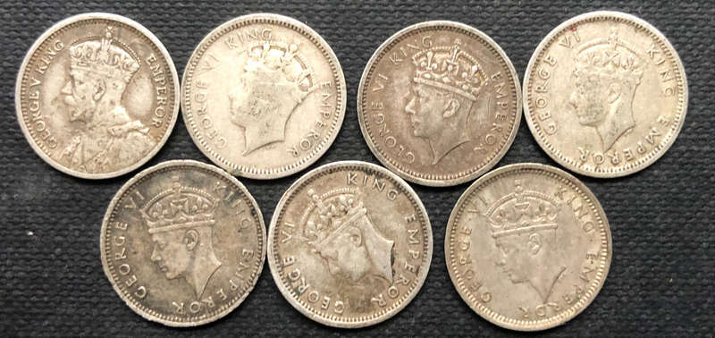 Silver Threepence Southern Rhodesia 1934 1937 1940 1941 1942 1945 Collection of 7 Coins