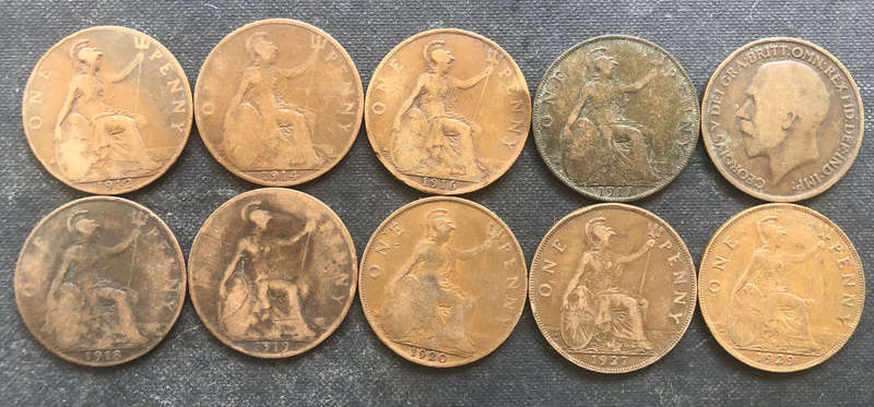 PENNY BRITISH 1912, 1914, 1916, 1917 x 2, 1918, 1919, 1920, 1927 & 1929 GEORGE V COLLECTION OF TEN