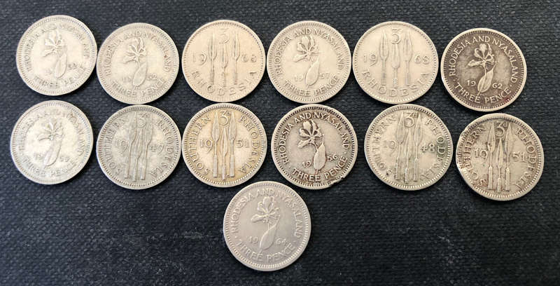 SOUTHERN RHODESIA 3 PENCE, 1 x 1947, 1 x 1948 2 x 1951, RHODESIA 2 x 1968, RHODESIA & NYASALAND x 7