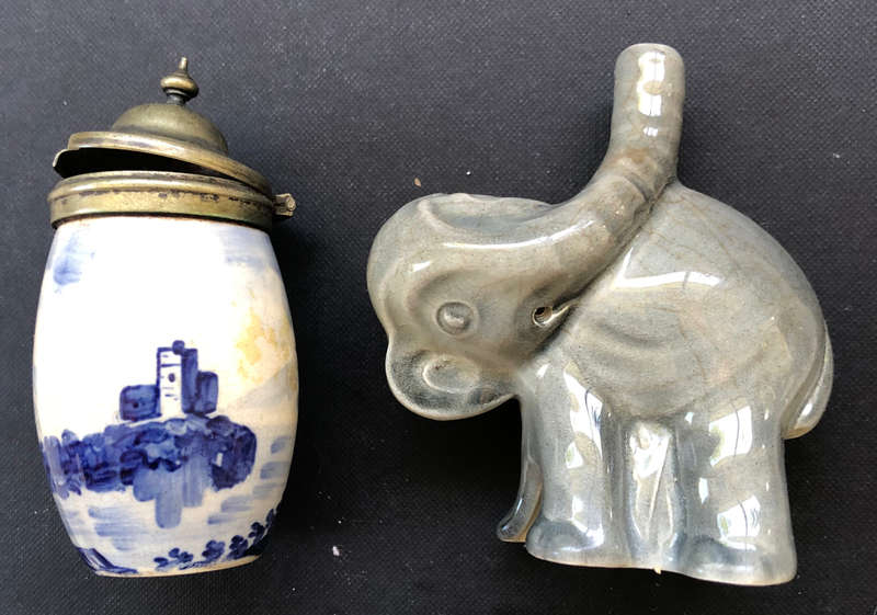 DELFT? EASTERN? VINTAGE MUSTARD POT AND NUTBROWN ELEPHANT PIE FUNNEL