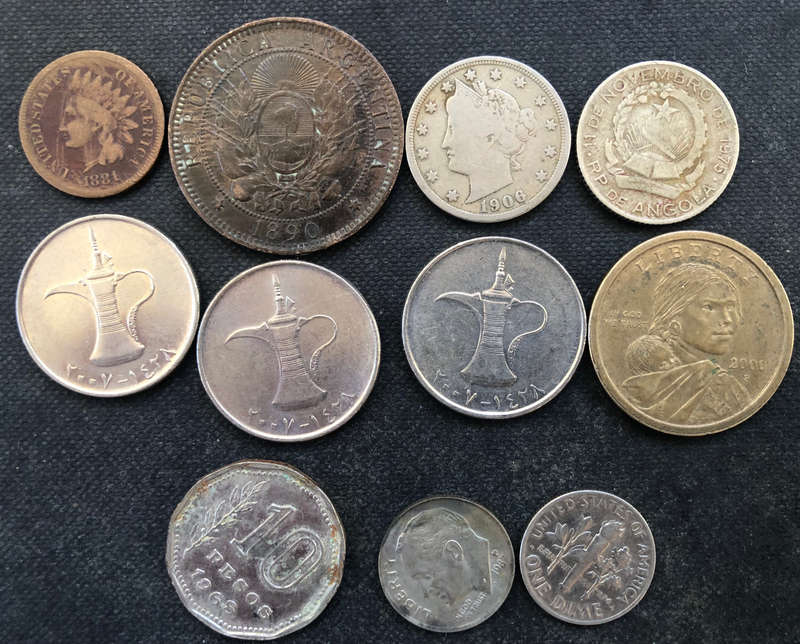 1890 America Indian Head Cent 1890 Argentina Dos Centavos 1906 US Liberty Nickel and 8 other Coins