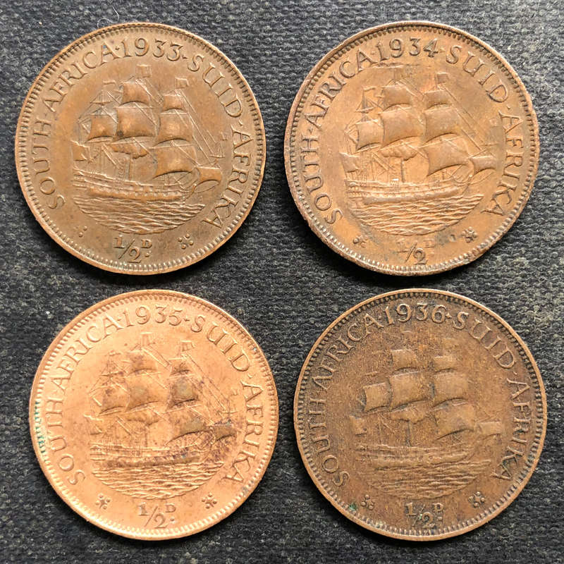 Half Penny 1933 1934 1935 1936 Union of South Africa Collection of 4 Coins