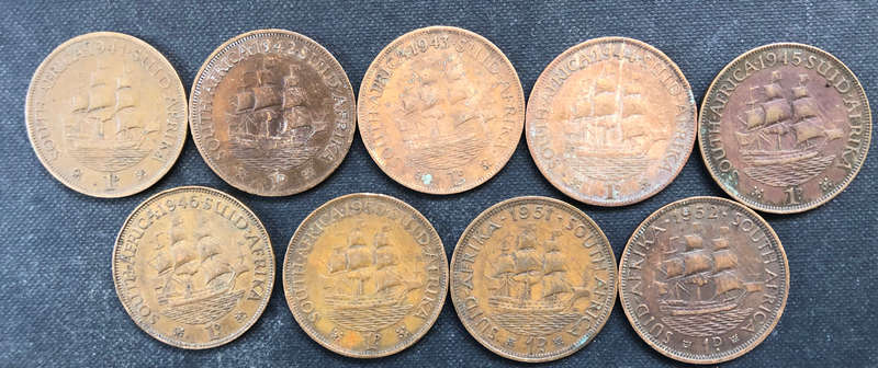 PENNY 1941 - 1946, 1950 - 1952 COLLECTION OF 9 UNION OF SOUTH AFRICA COINS