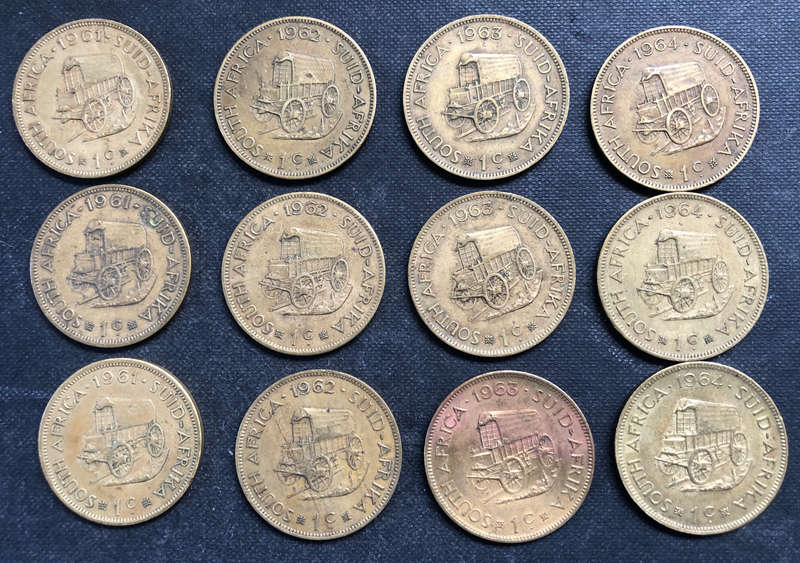 ONE CENTS SOUTH AFRICAN COLLECTION 12 COINS  COMPRISING 1961 x 3, 1962 x 3, 1963 x 3 AND 1964 x 3