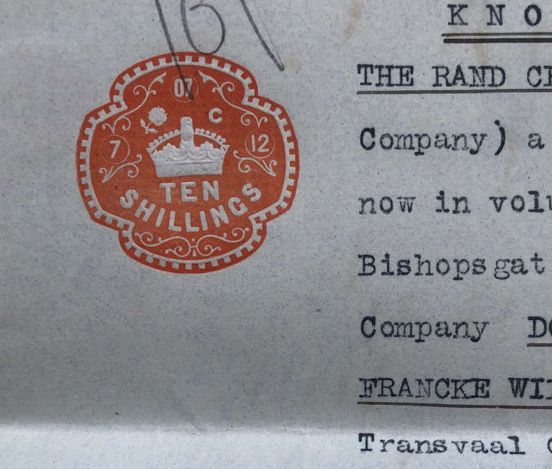 STAMP UK 1907 ONE SHILLING, TEN SHILLINGS VERMILLION STAMP & VARIOUS OTHER SEALS ON DOCUMENT