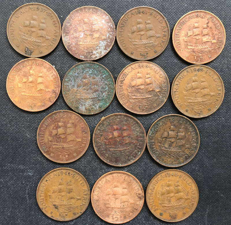 HALF PENNY 1937, 1940-1946, 1949, 1950-1952, 1942 & 1951,  UNION OF SOUTH AFRICA COLLECTION OF 14