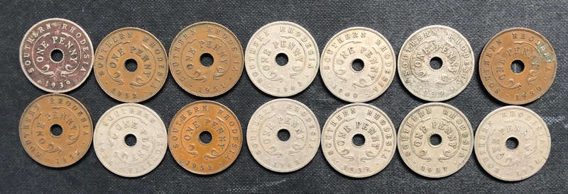 COLLECTION OF 14 SOUTHERN RHODESIAN PENNIES DATING FROM 1934 TO 1952