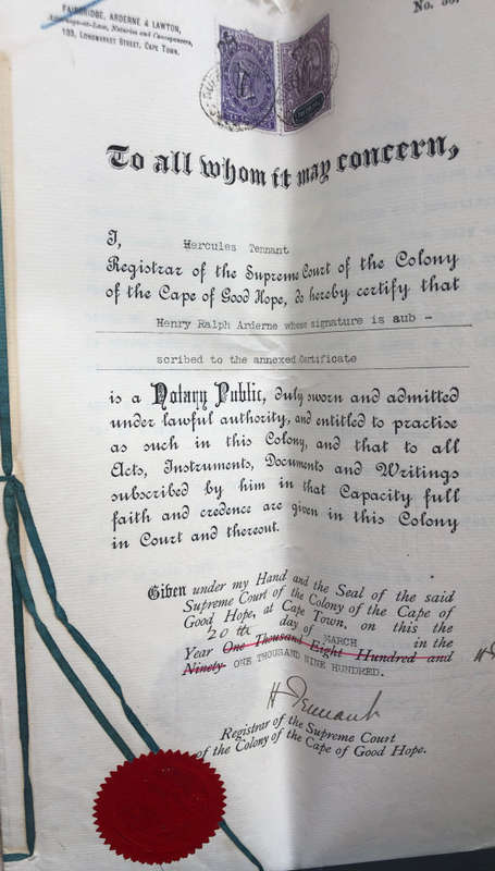 STAMPS 1900 CAPE OF GOOD HOPE TEN, FIVE AND ONE SHILLING REVENUE ON GOLD CLAIMS DOCUMENT